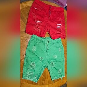 SHEIN Red and Green Distressed Jean Shorts